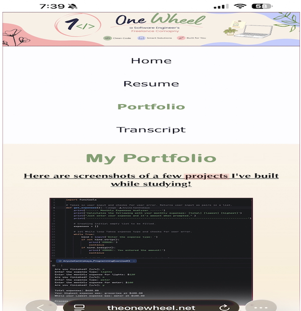 Screenshot of my site on mobile phone